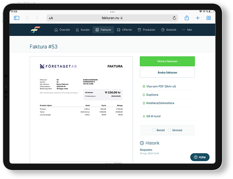 Skärmdump från faktureringsprogrammet